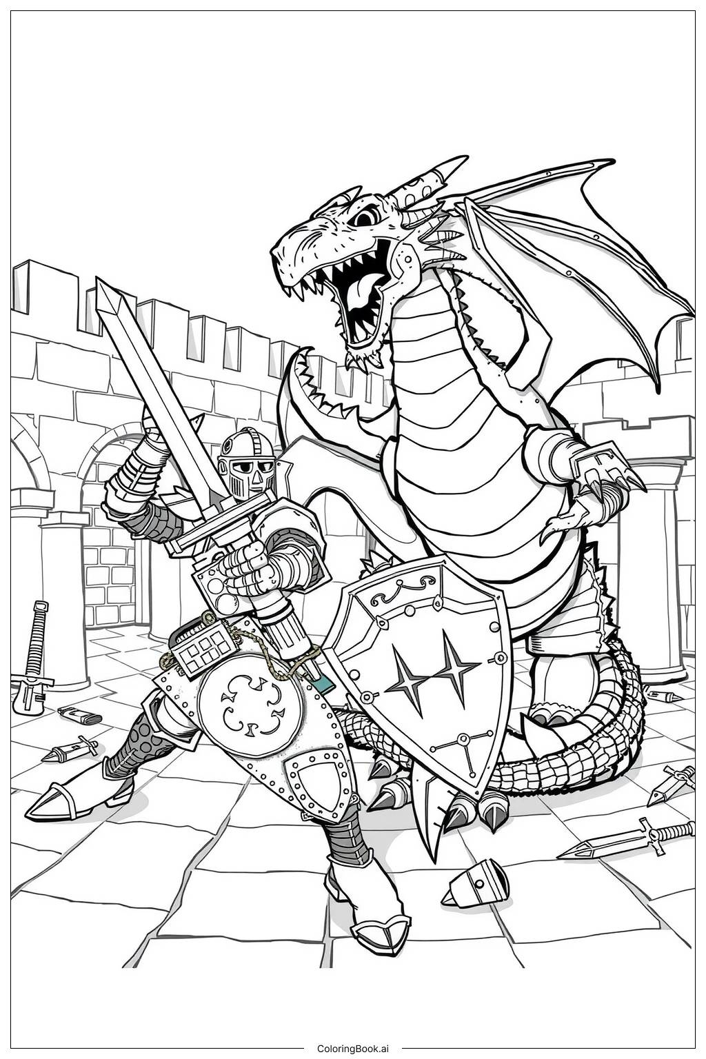  Page de coloriage Chevalier face à un dragon féroce-2 