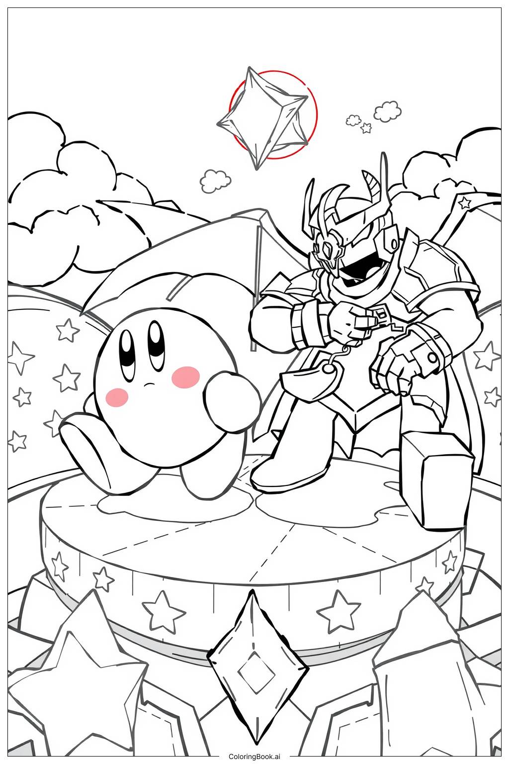  Kirby teaming up with Meta Knight-2 Coloring Page 