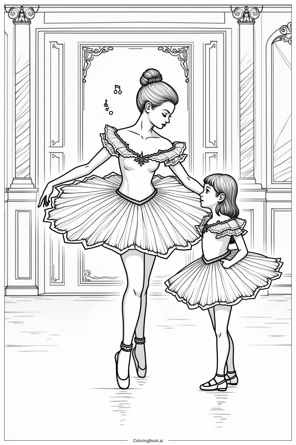  Ballerina with a Little Girl Dreaming of Dancing Coloring Page 