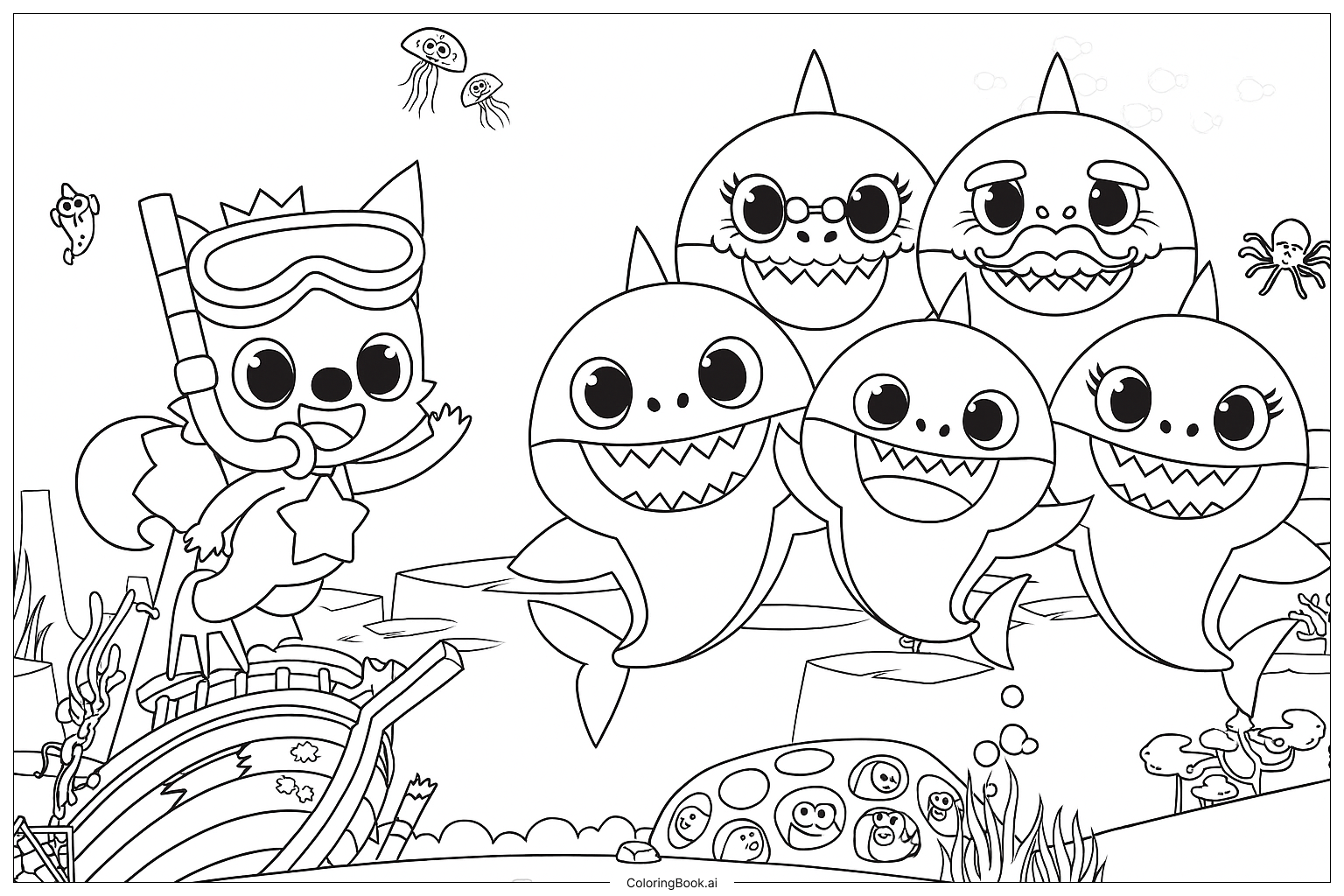  ピンクフォン ベビーシャーク ファミリーの塗り絵ページ 