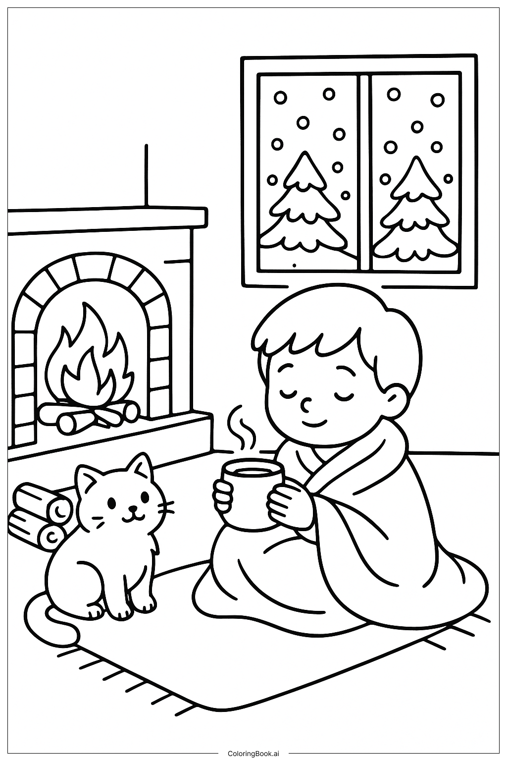  따뜻한 난로가 있는 눈 오는 날 색칠공부 페이지 