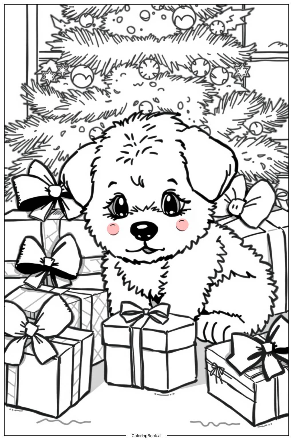  Page de coloriage Chiot de Noël réaliste avec des cadeaux 