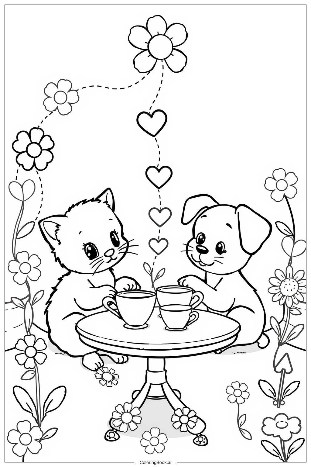  Page de coloriage Des chatons dans un paysage fantaisiste et coloré 