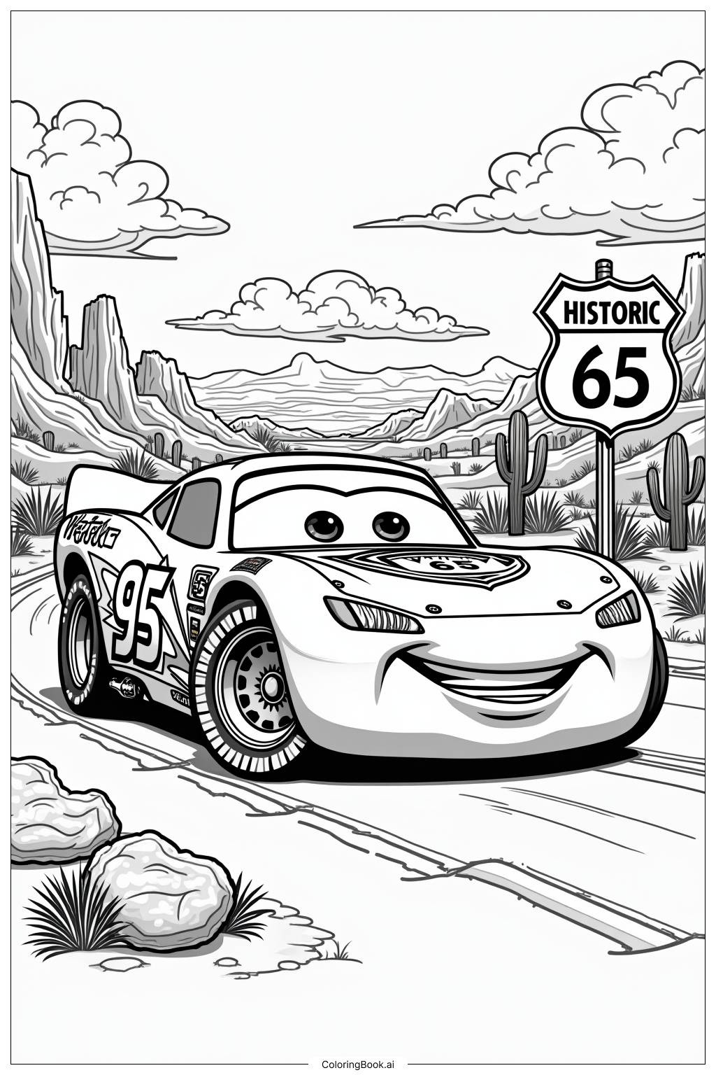  Page de coloriage Lightning McQueen regardant un coucher de soleil sur la Route 66 