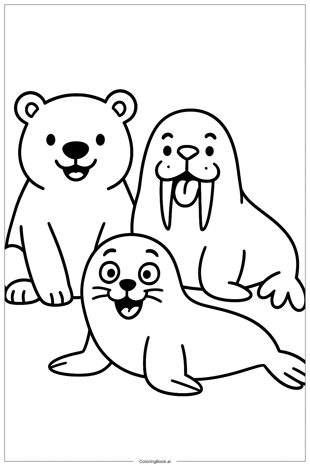  おかしな顔をした北極の動物たちの塗り絵ページ 