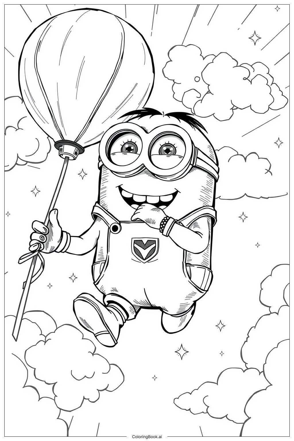  minion flying with a balloon in the sky-2 Coloring Page 