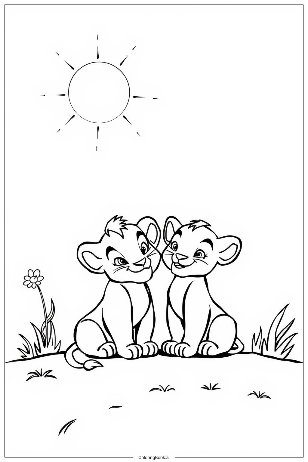  Page de coloriage le roi lion simba et nala dans une scène de coucher de soleil dramatique 