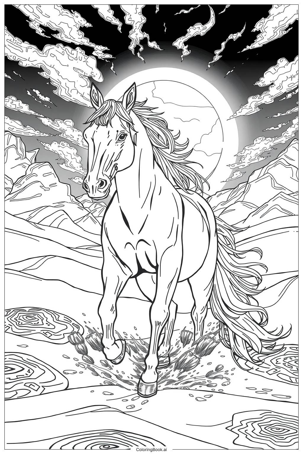  Page de coloriage Cheval de trait réaliste tirant une charrette 