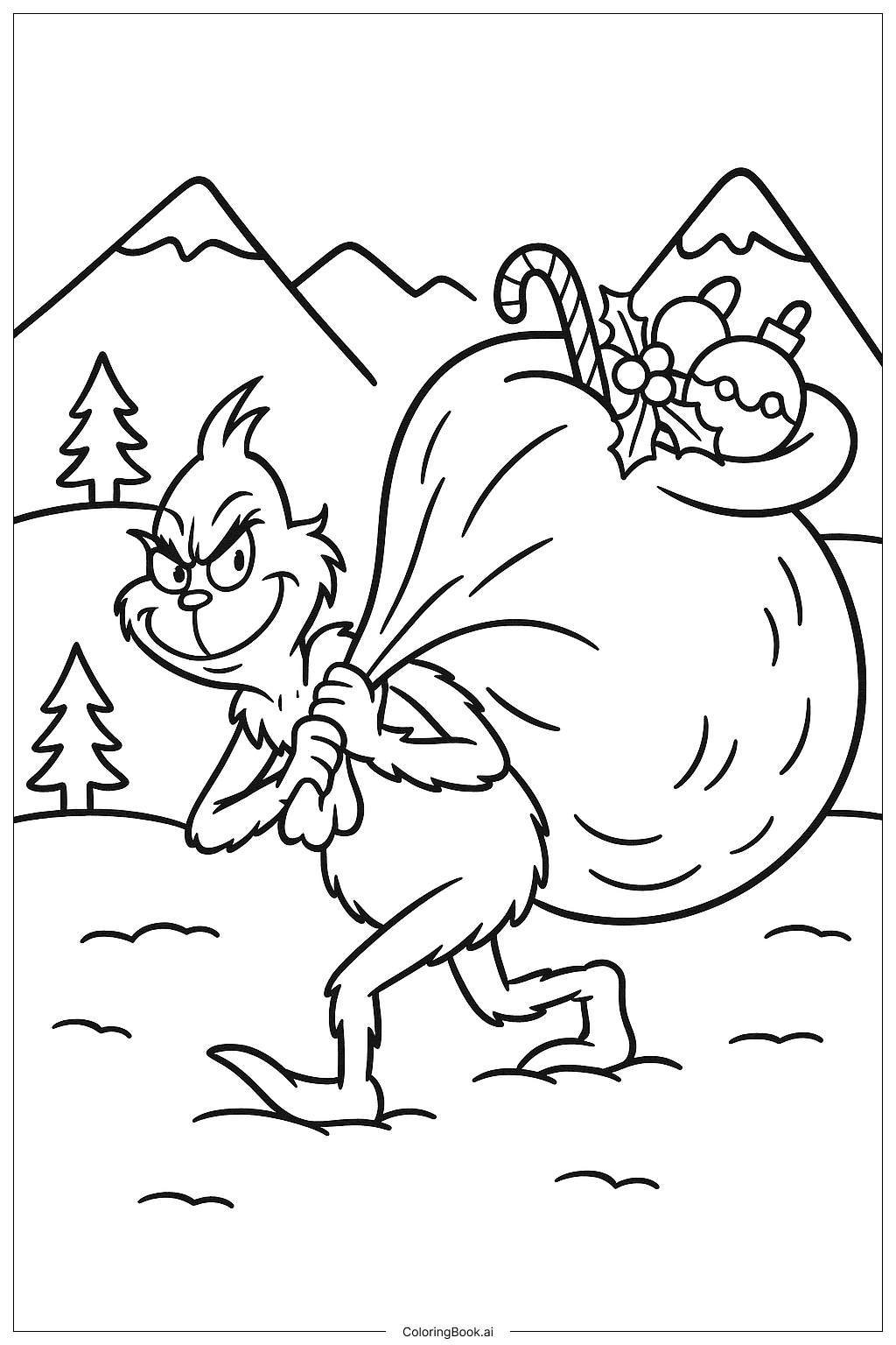  Página para colorear de El Grinch Jalando un Saco Pesado 
