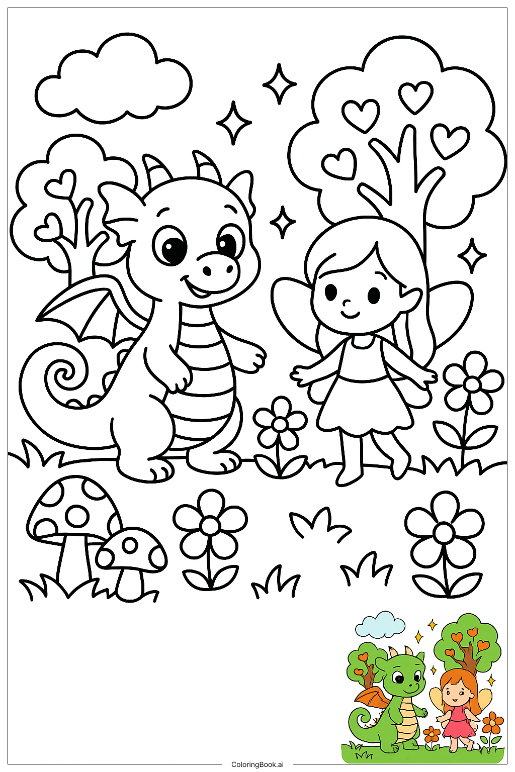  ドラゴンと妖精の魅惑の森の塗り絵ページ 