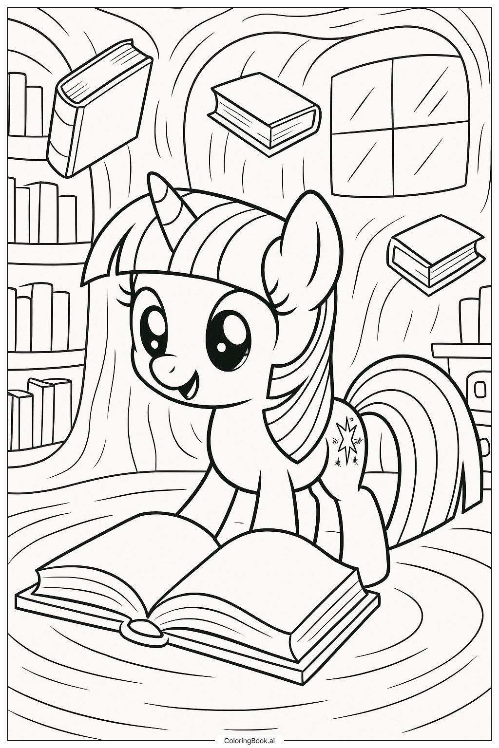  Page de coloriage Twilight Sparkle Dans Sa Bibliothèque du Chêne Doré 