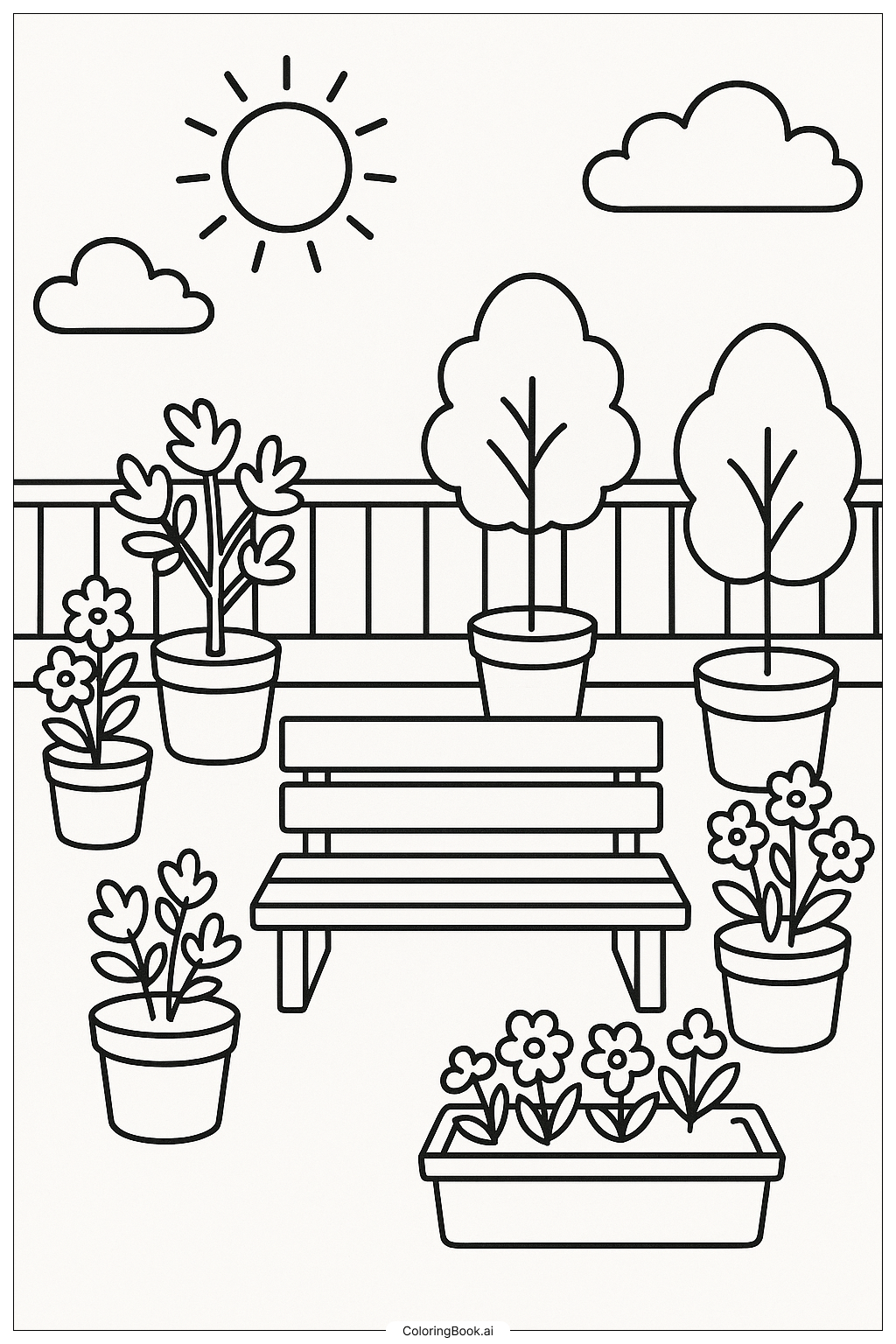  Página para colorir de Um Jardim Urbano no Terraço 