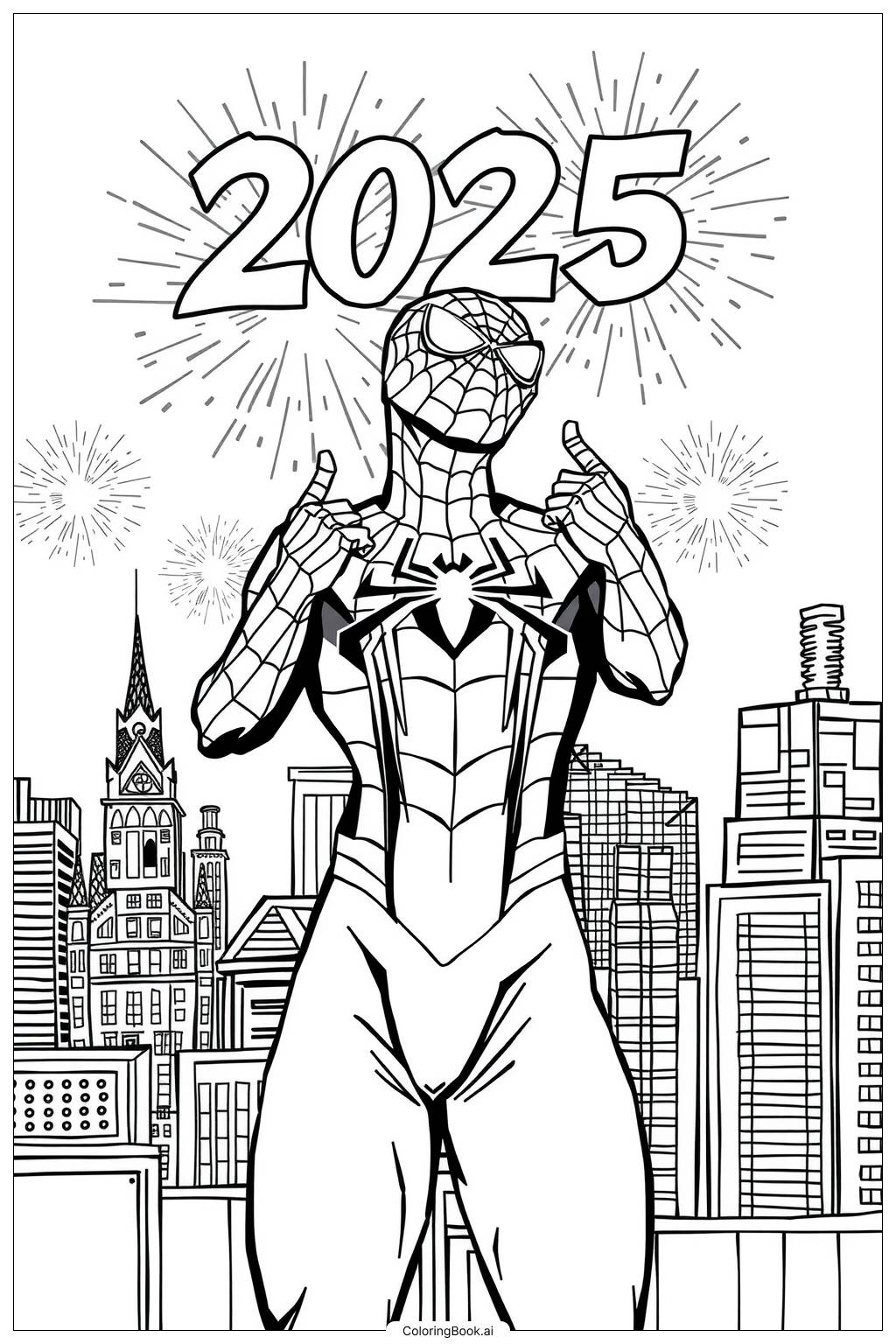  Página para colorear de Spiderman celebrando el Año Nuevo 2025 