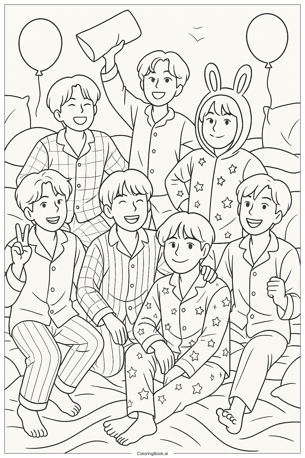  Page de coloriage BTS lors d'une fête pyjama amusante 