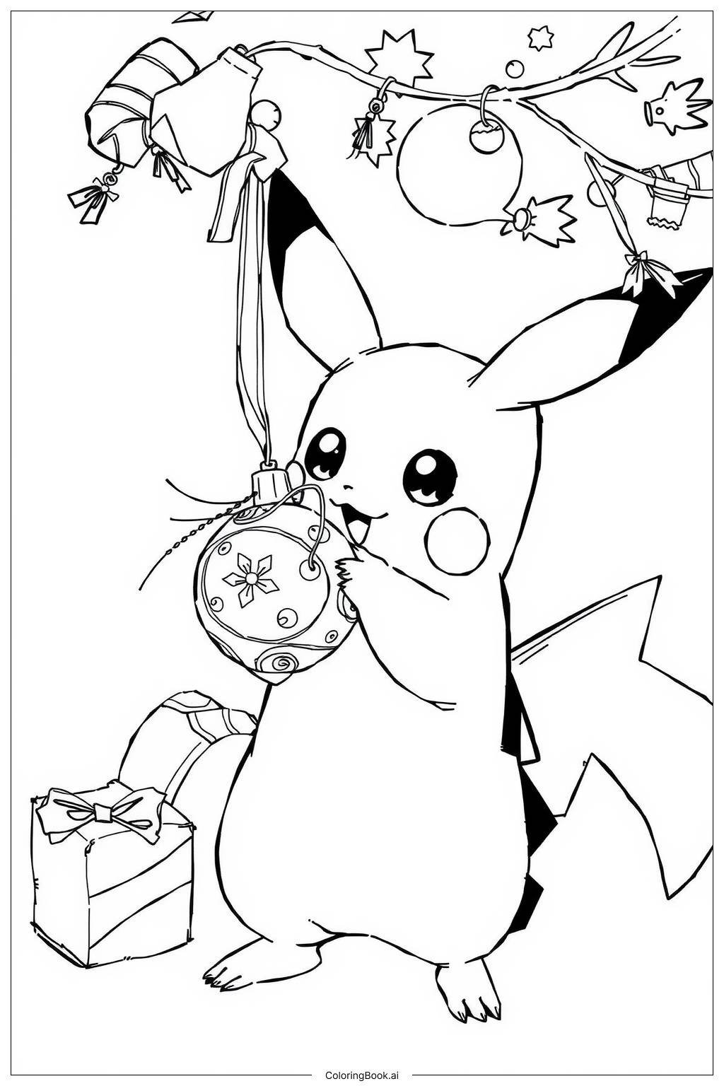  Page de coloriage Pikachu décorant le sapin 