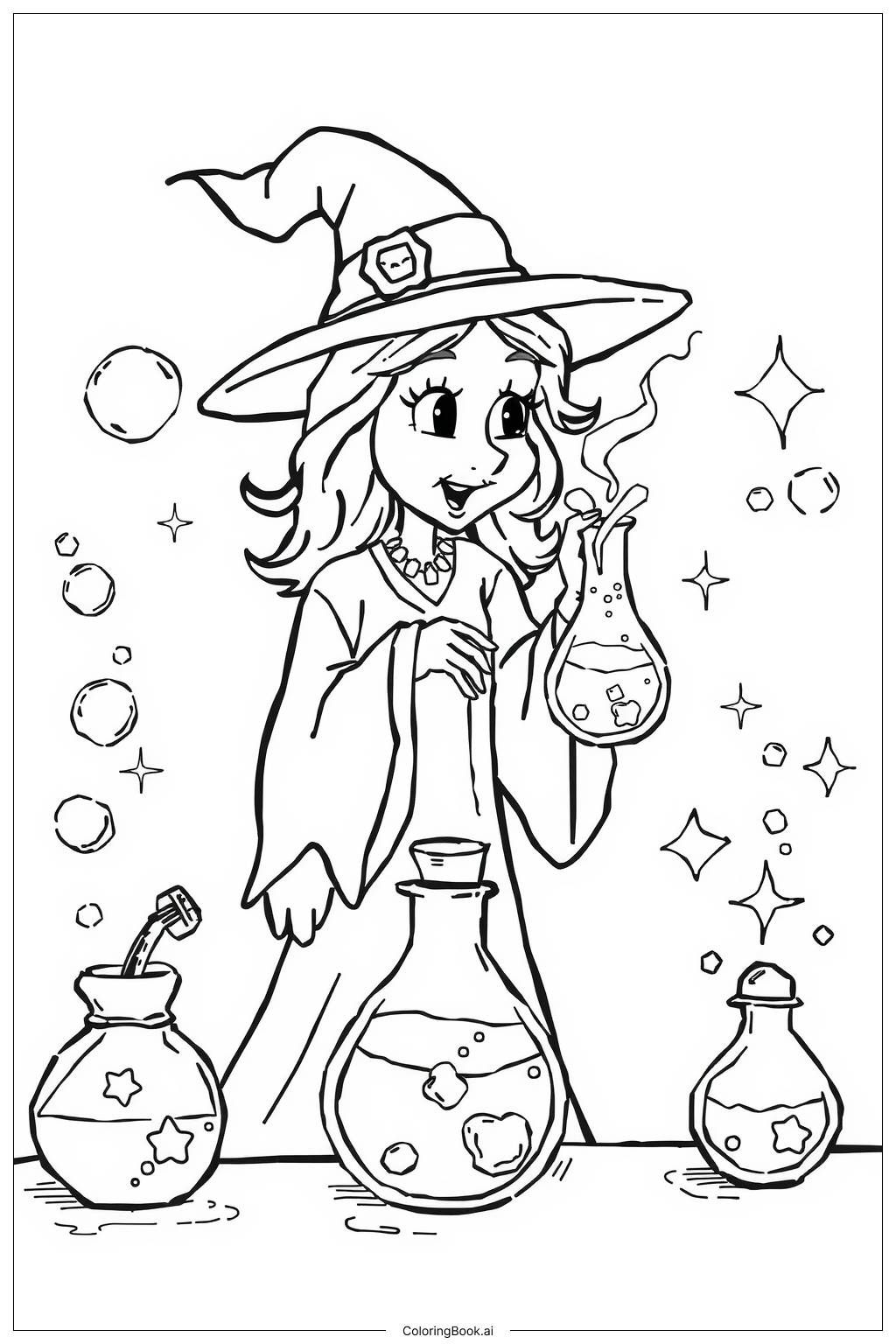  Page de coloriage sorcière mélangeant des potions 