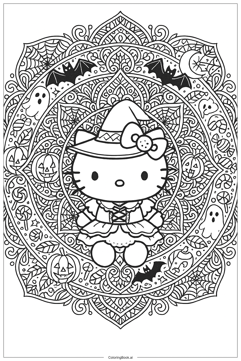 Hello Kittys aufwändiges Halloween-Mandala Ausmalseite