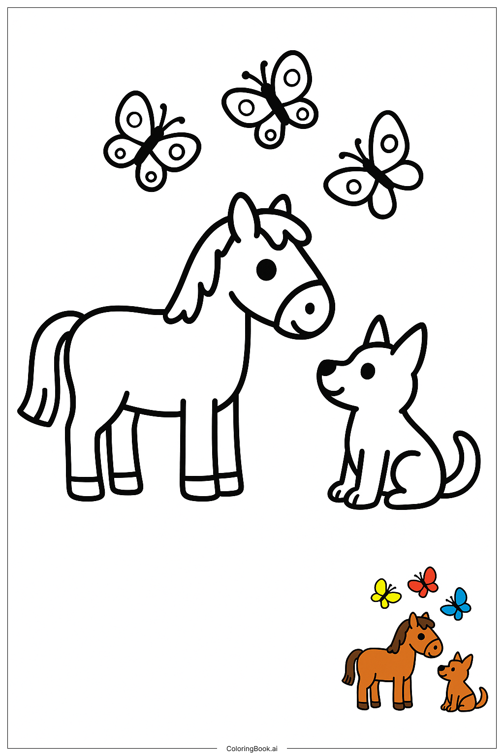  馬と犬が蝶を追いかけるの塗り絵ページ 