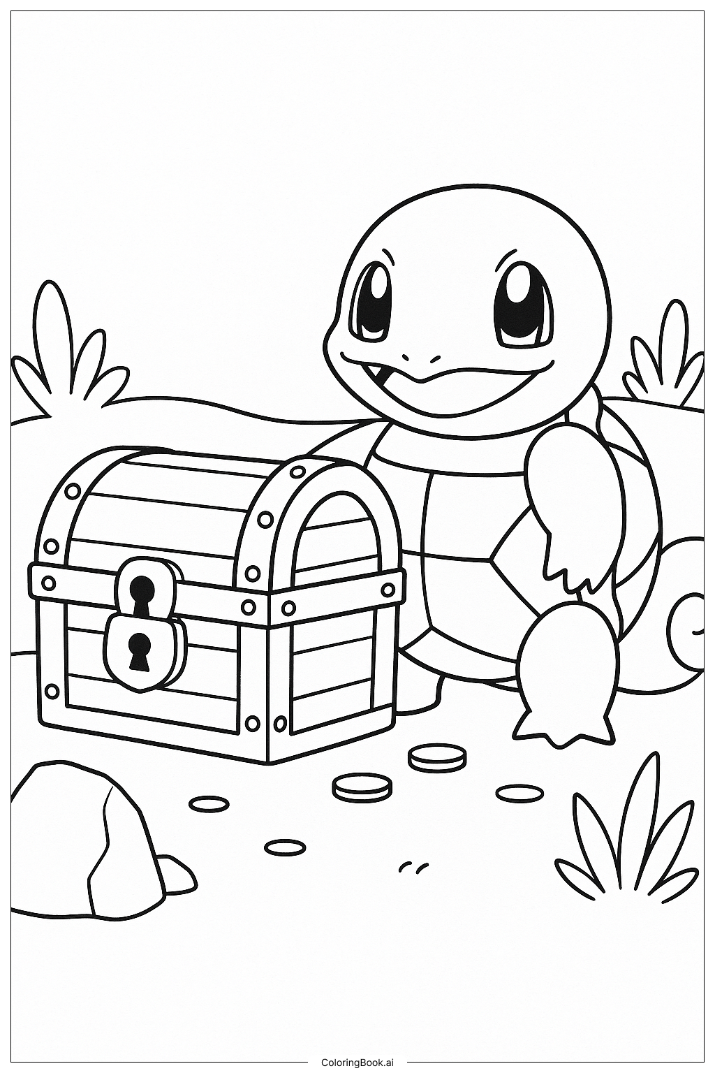  Página para colorear de Squirtle Protegiendo un Cofre del Tesoro 