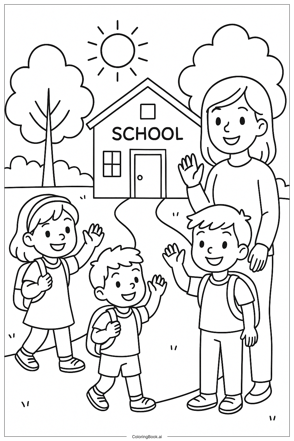  Page de coloriage Faire un signe d'au revoir le premier jour d'école 