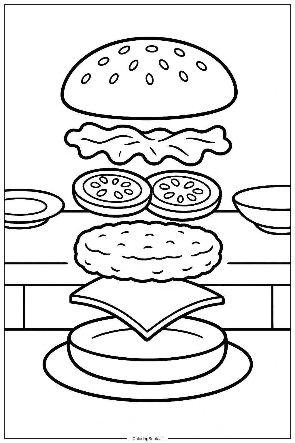  Page de coloriage Assembler un grand hamburger 