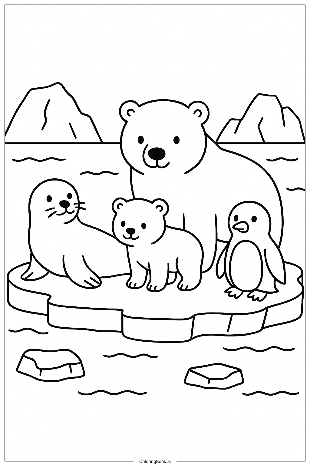  氷の浮氷にいる北極動物の家族の塗り絵ページ 