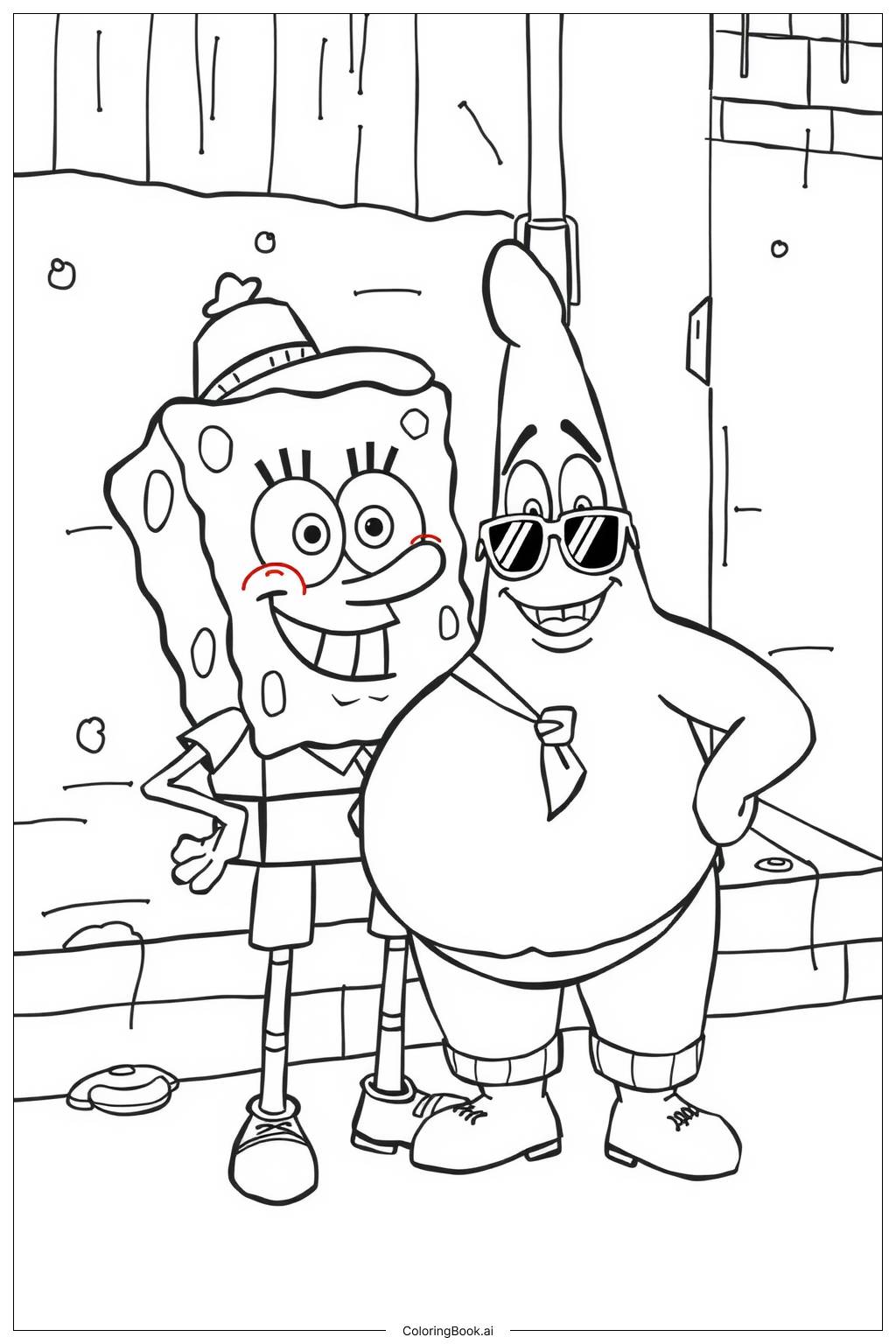  Página para colorir de SpongeBob gangster com amigos 