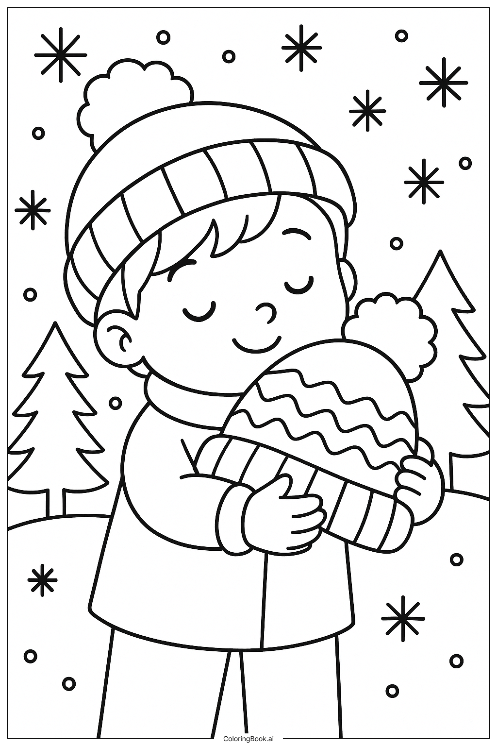 Página para colorear de Niño abrazando un gorro de invierno