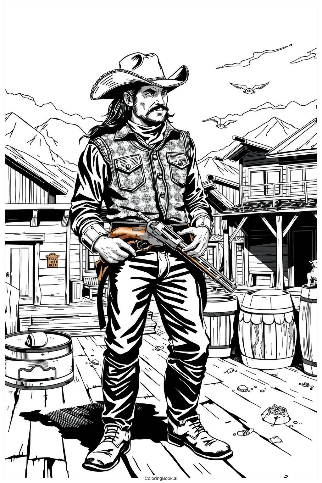  Cowboy in a showdown at high noon Coloring Page 