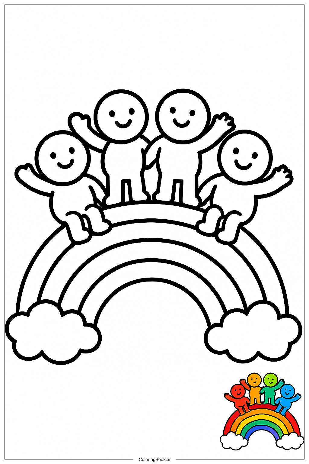 Regenbogenfreunde winken auf einer Regenbogenbrücke Ausmalseite 
