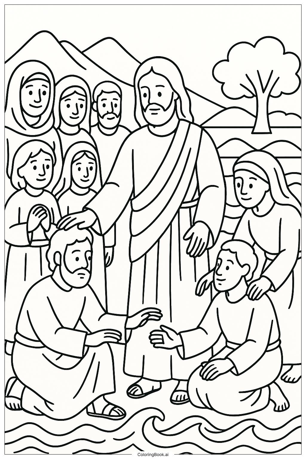  Página para colorear de Una escena detallada de los milagros de Jesús 