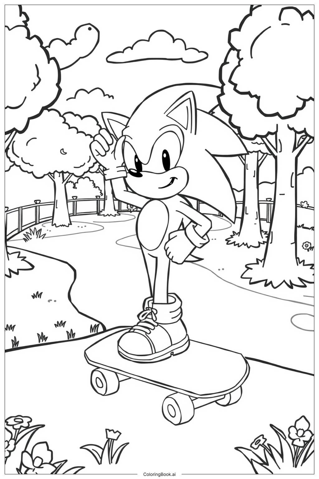  Página para colorir de Sonic andando de skate em um parque ensolarado 