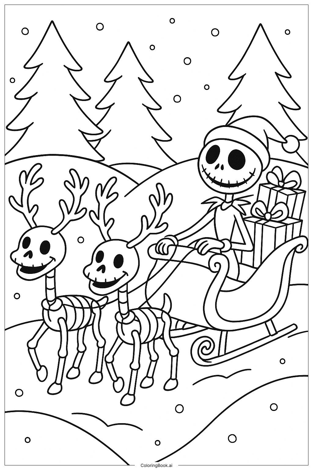  ナイトメア・ビフォア・クリスマスのスレイとスケルトンのトナカイの塗り絵ページ 