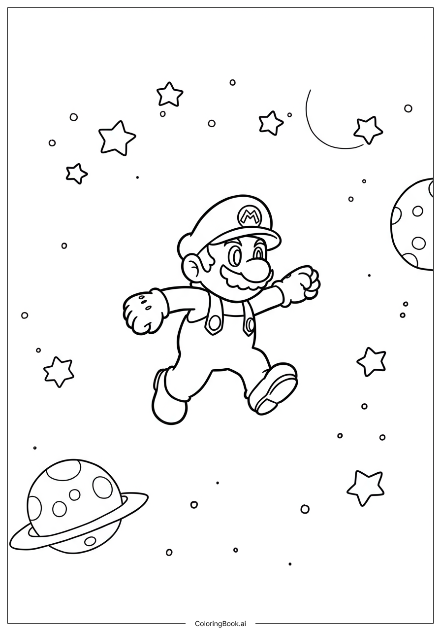  マリオが銀河の星々に浮かぶの塗り絵ページ 