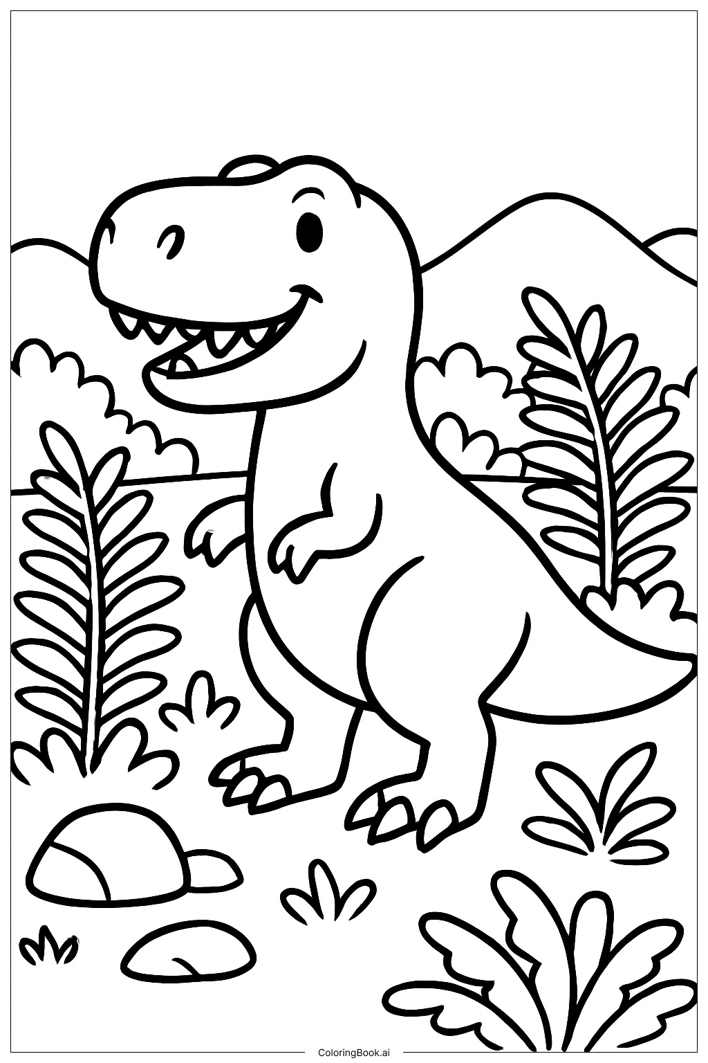  Página para colorir de T-Rex num Vale Verdejante de Samambaias 