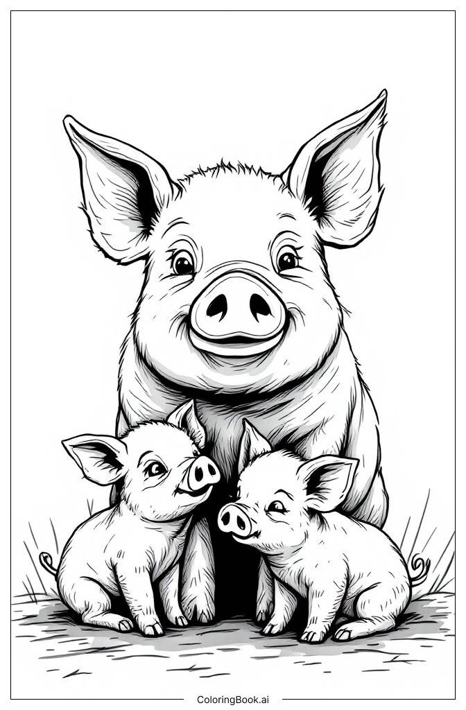  Page de coloriage Une mère cochon avec ses porcelets 