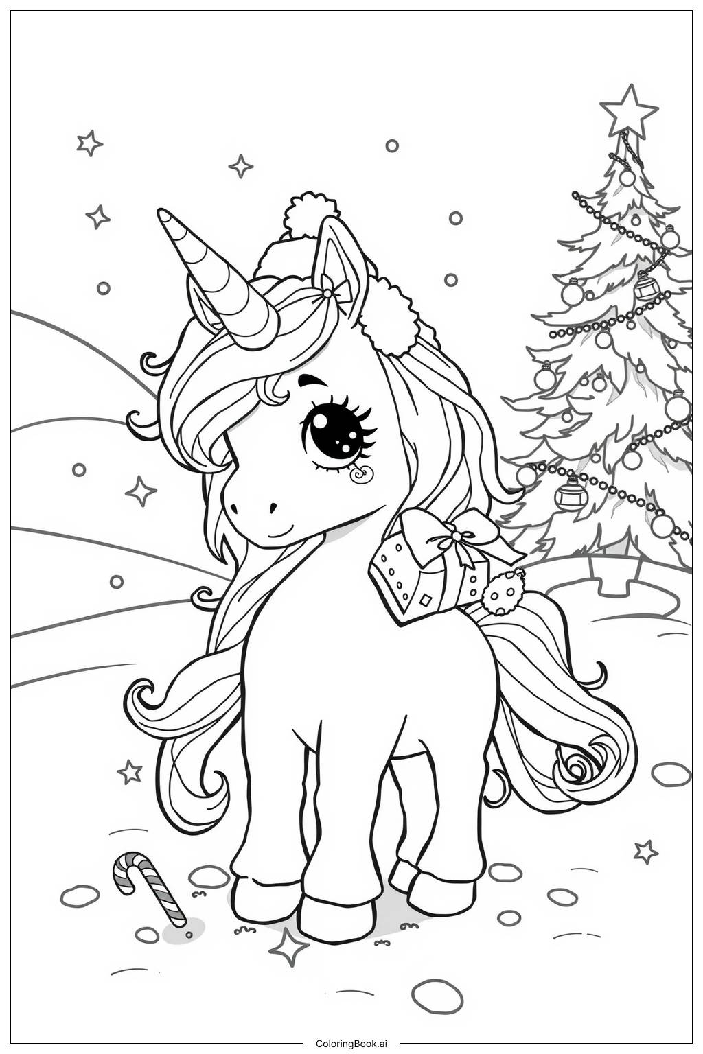  Page de coloriage licorne portant un chapeau de Noël 