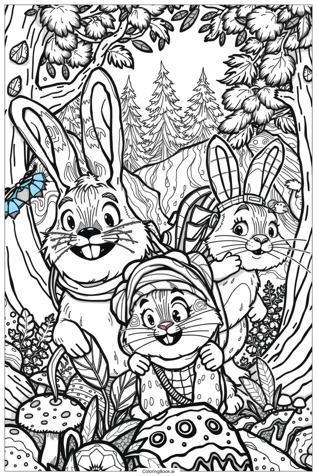  Bunny Family Forest Adventure Coloring Page 