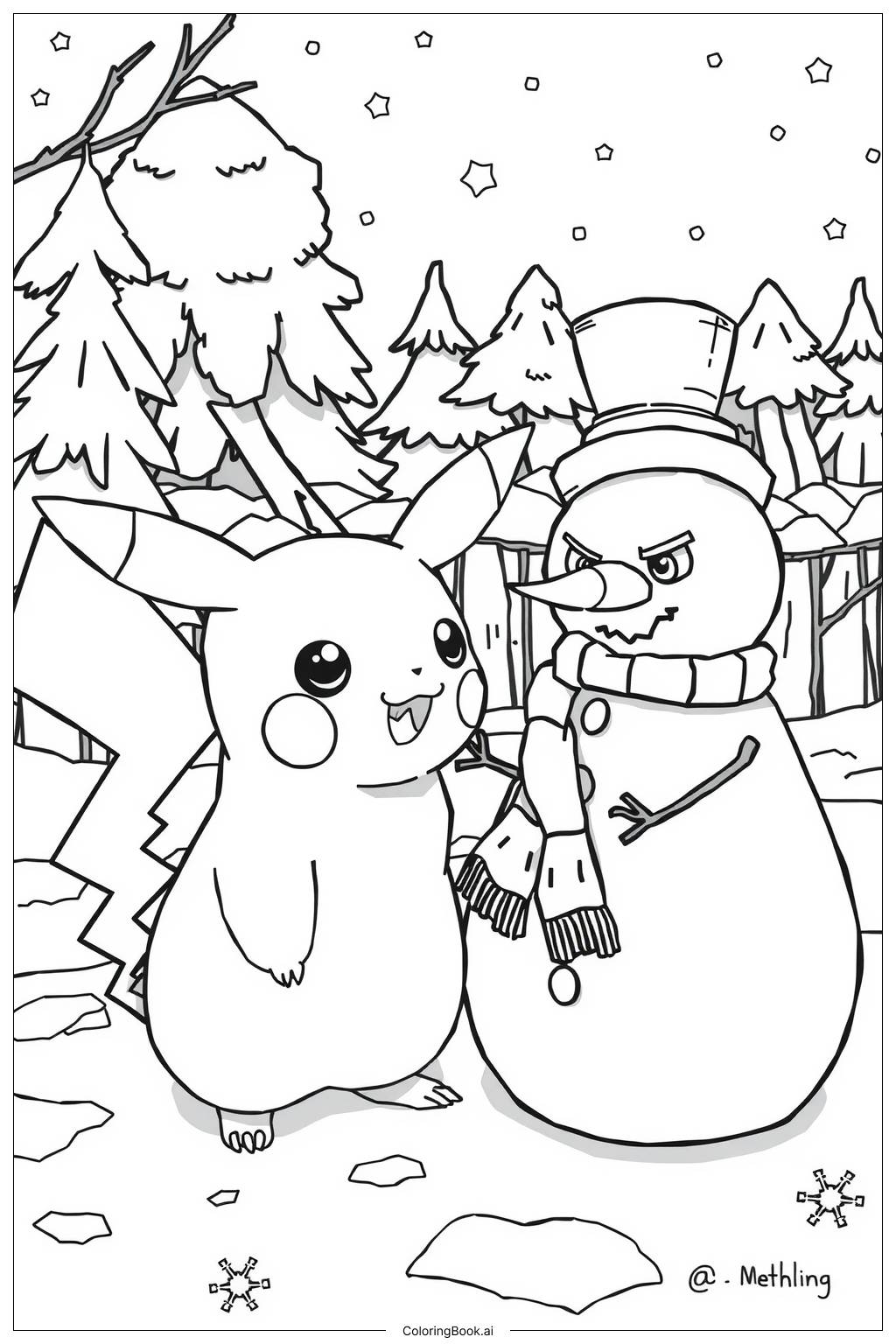  Page de coloriage Pikachu Bonhomme de neige Amusant-2 