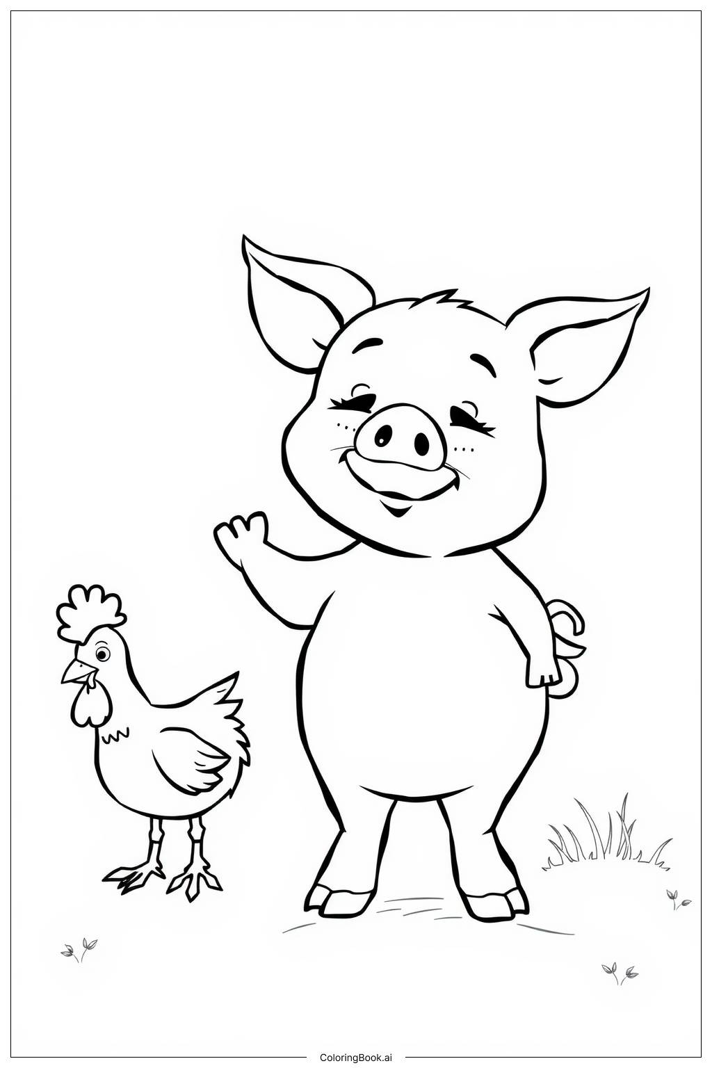  Page de coloriage Cochon dans une ferme avec des animaux de la grange 