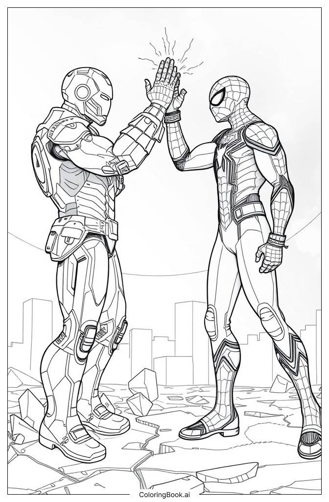  Iron Man and Spiderman High-Five Coloring Page 