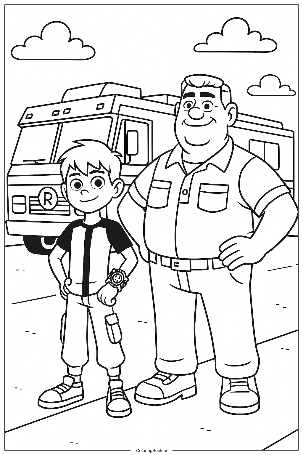 Ben 10 與 Max 在鐵鏽客車裡著色頁