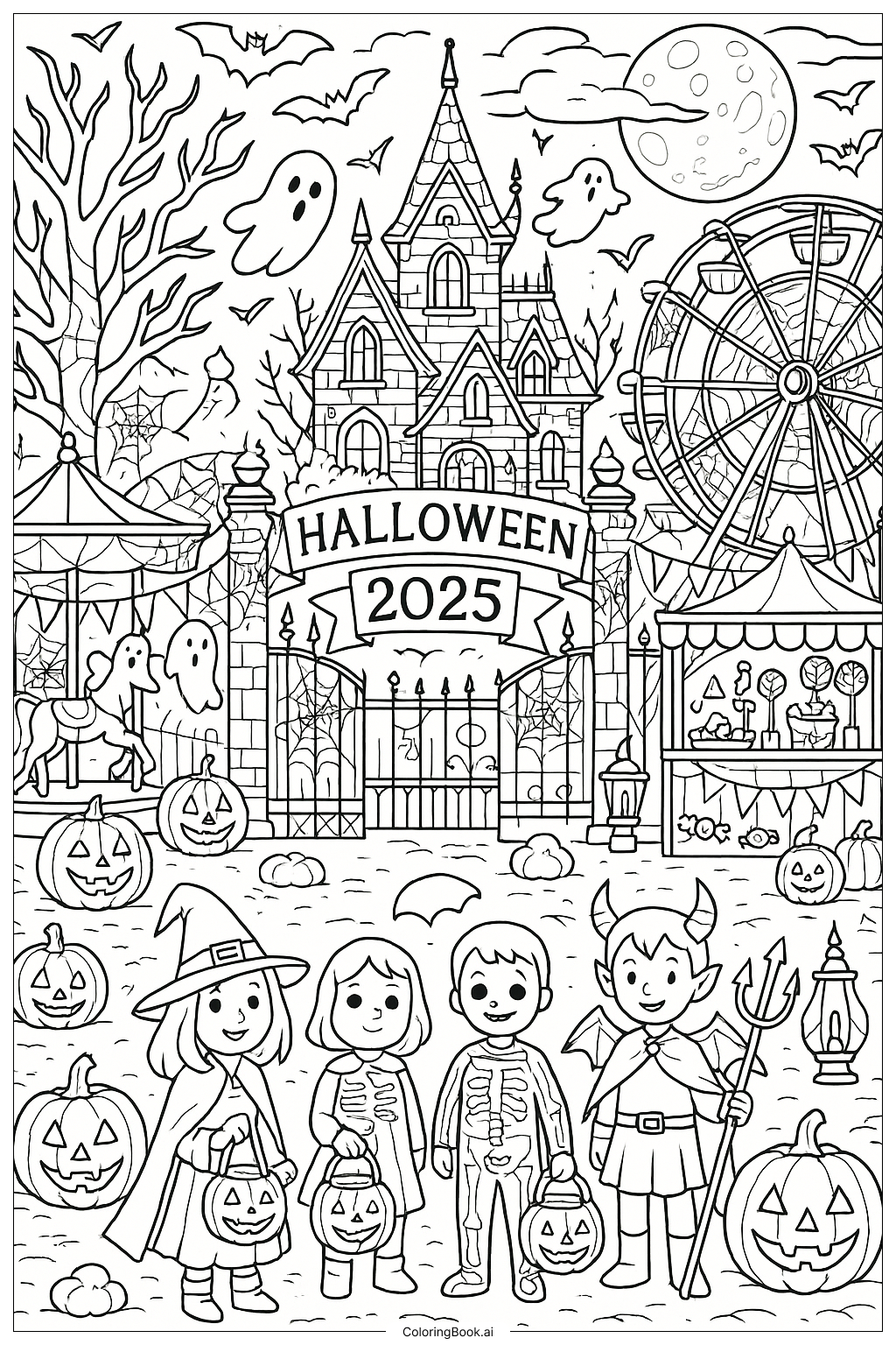  Eine gruselige Halloween Jahrmarkt-Szene 2025 Ausmalseite 