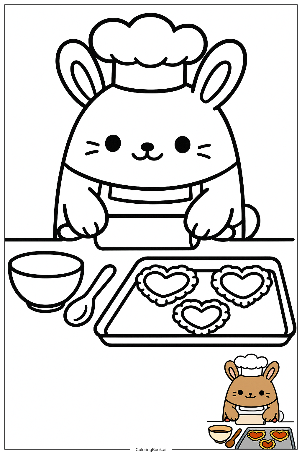  Página para colorear de Conejito Squishmallow Horneando Pasteles en Forma de Corazón 