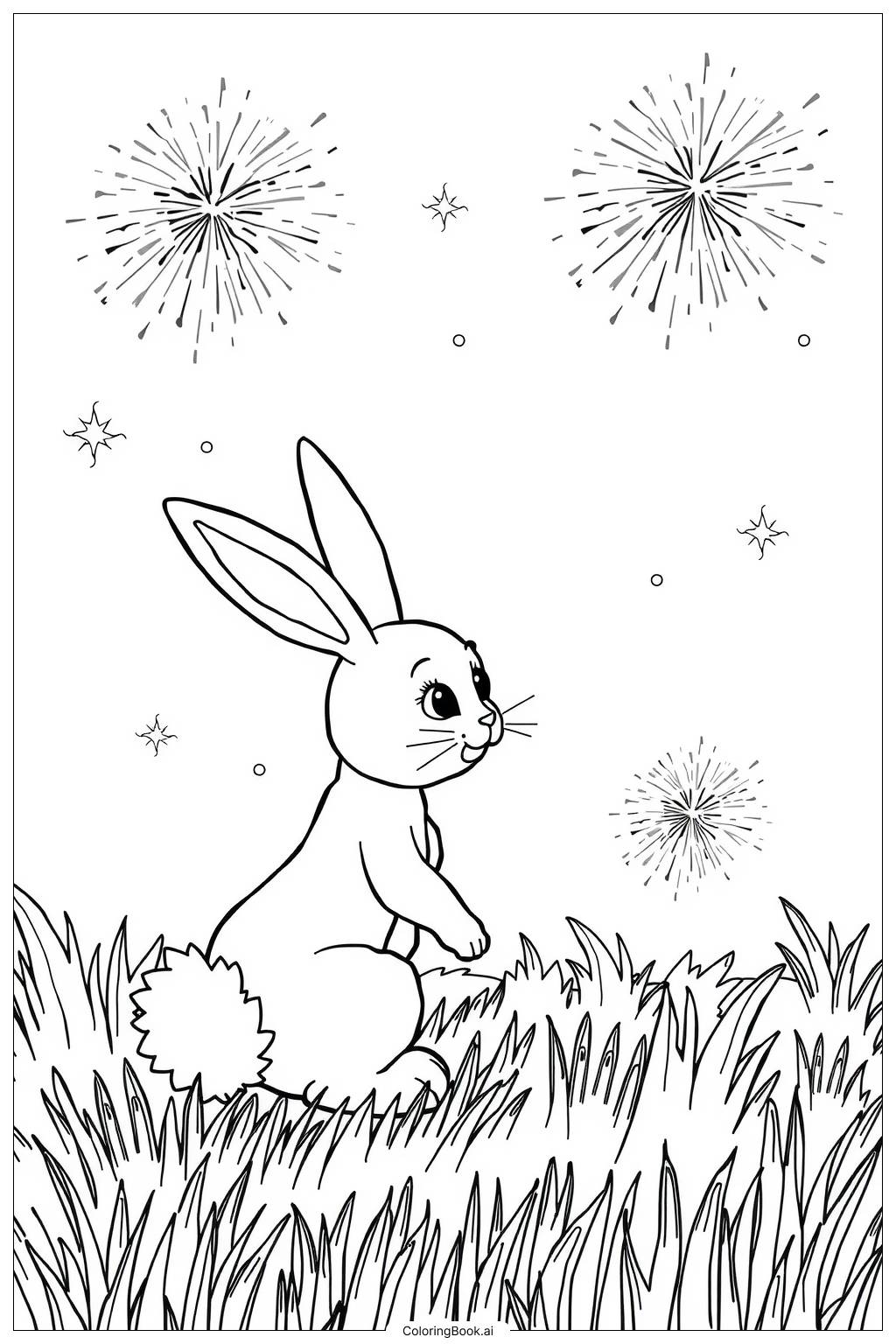  Bunny Enjoying Fireworks on a Summer Night Coloring Page 