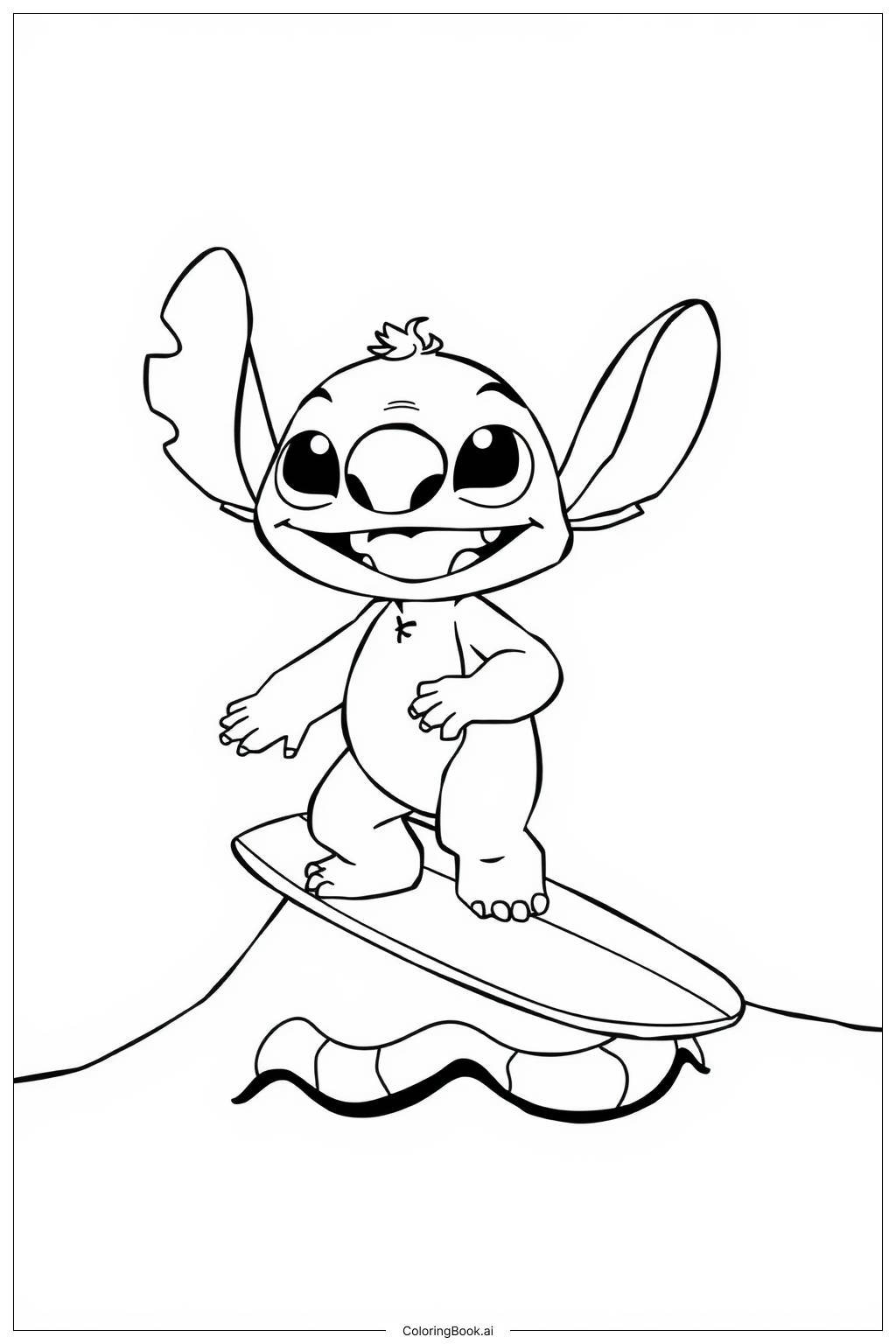  Página para colorear de Stitch Surfeando en la Playa 