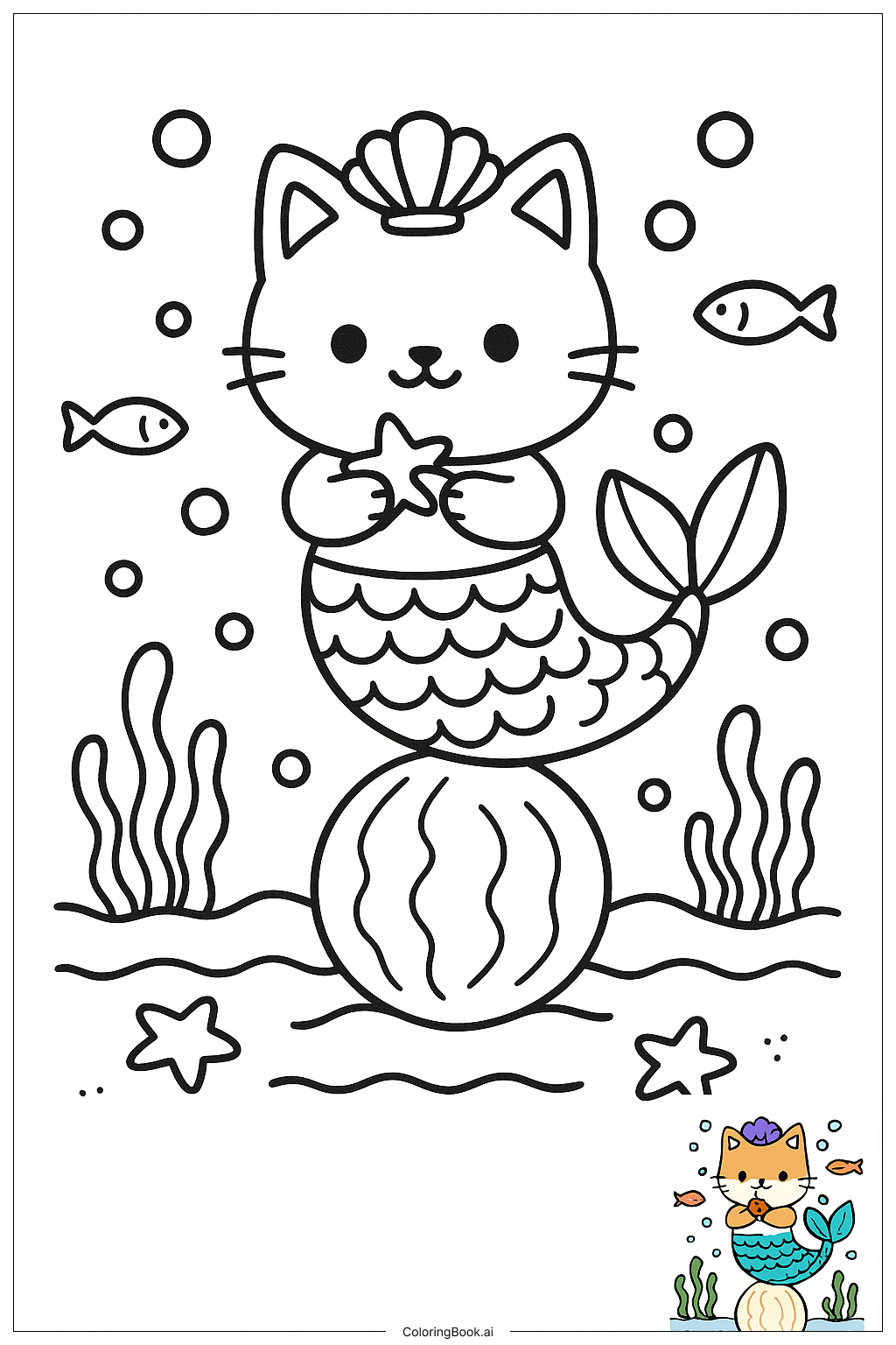  美人鱼猫咪在珍珠上保持平衡填色页 