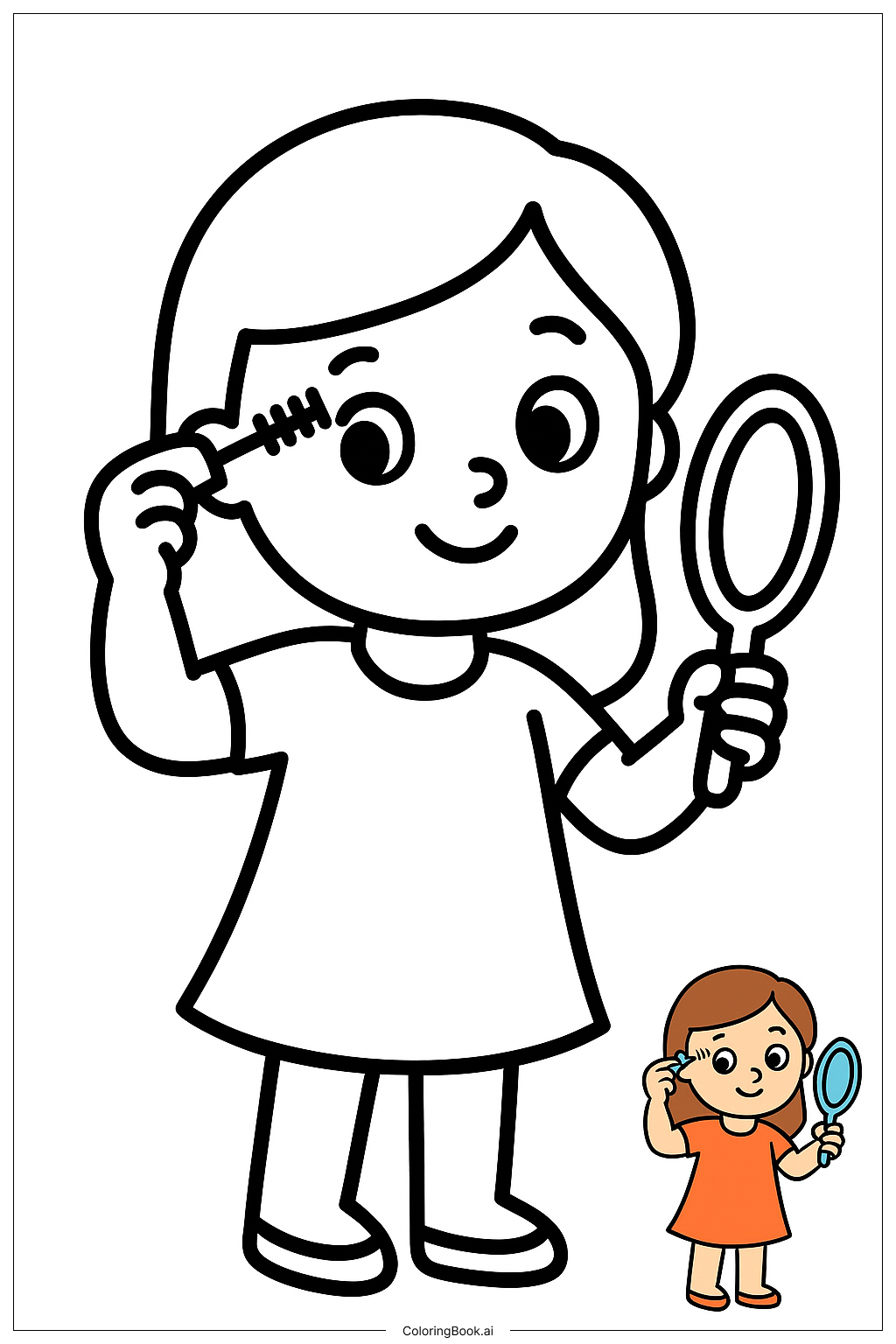  Página para colorear de Chica Sosteniendo un Espejo Mientras Se Maquilla 
