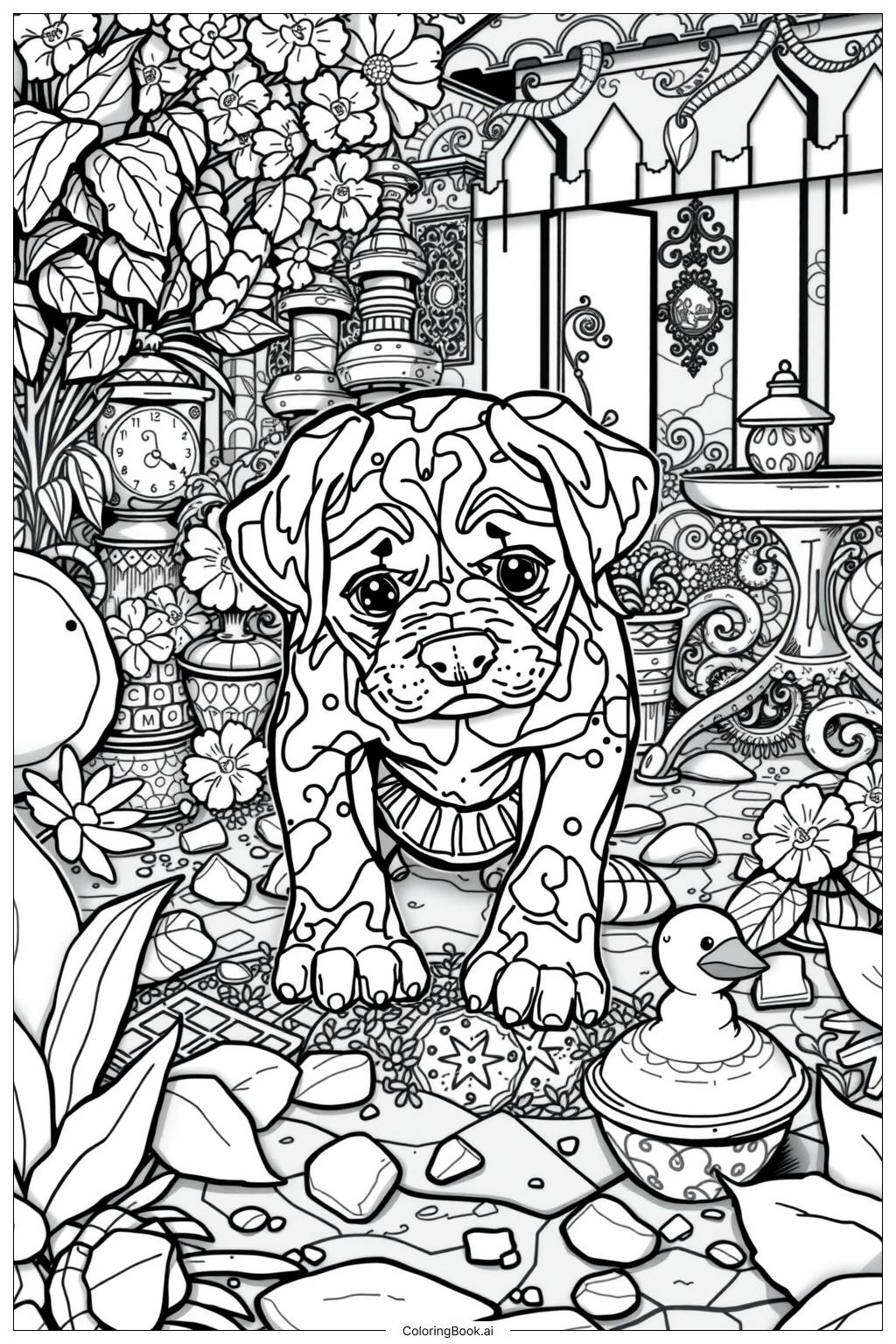  Page de coloriage Chiot Creusant dans le Jardin 