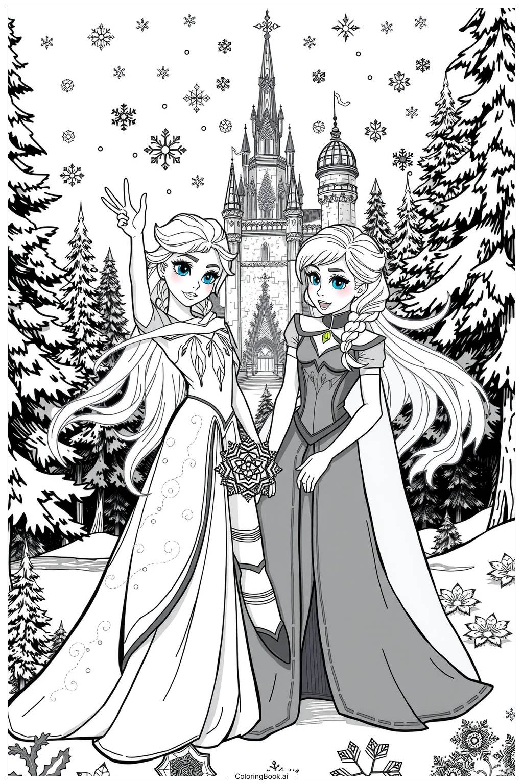  Elsa and Anna in the Snow Coloring Page 